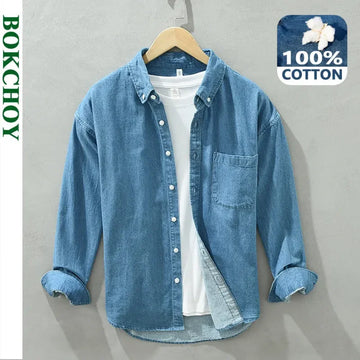 Men’s Pure Cotton Denim Shirt – Timeless Style for Spring and Autumn
