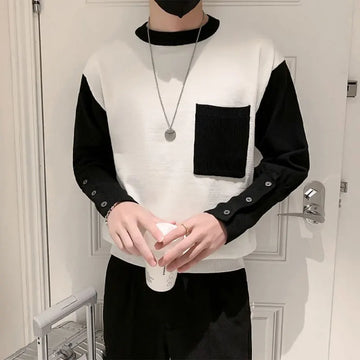 Stylish Patchwork Knitted Men’s Pullover with Pockets – Elegance and Comfort for Autumn/Winter