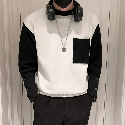 Stylish Patchwork Knitted Men’s Pullover with Pockets – Elegance and Comfort for Autumn/Winter